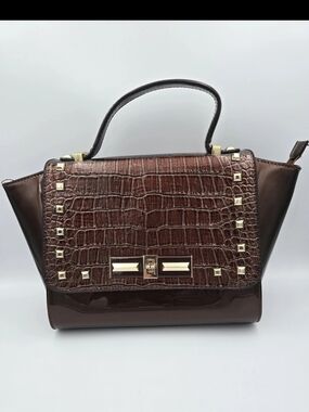 Brown Croc-Embossed Top-Handle Satchel with Gold Hardware